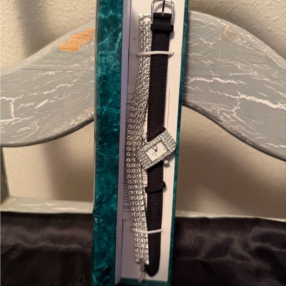 Suzanne Somers Elegant Black and Silver Watch with Rhinestones